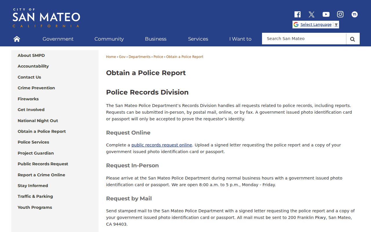 San Mateo Police Department report request instructions