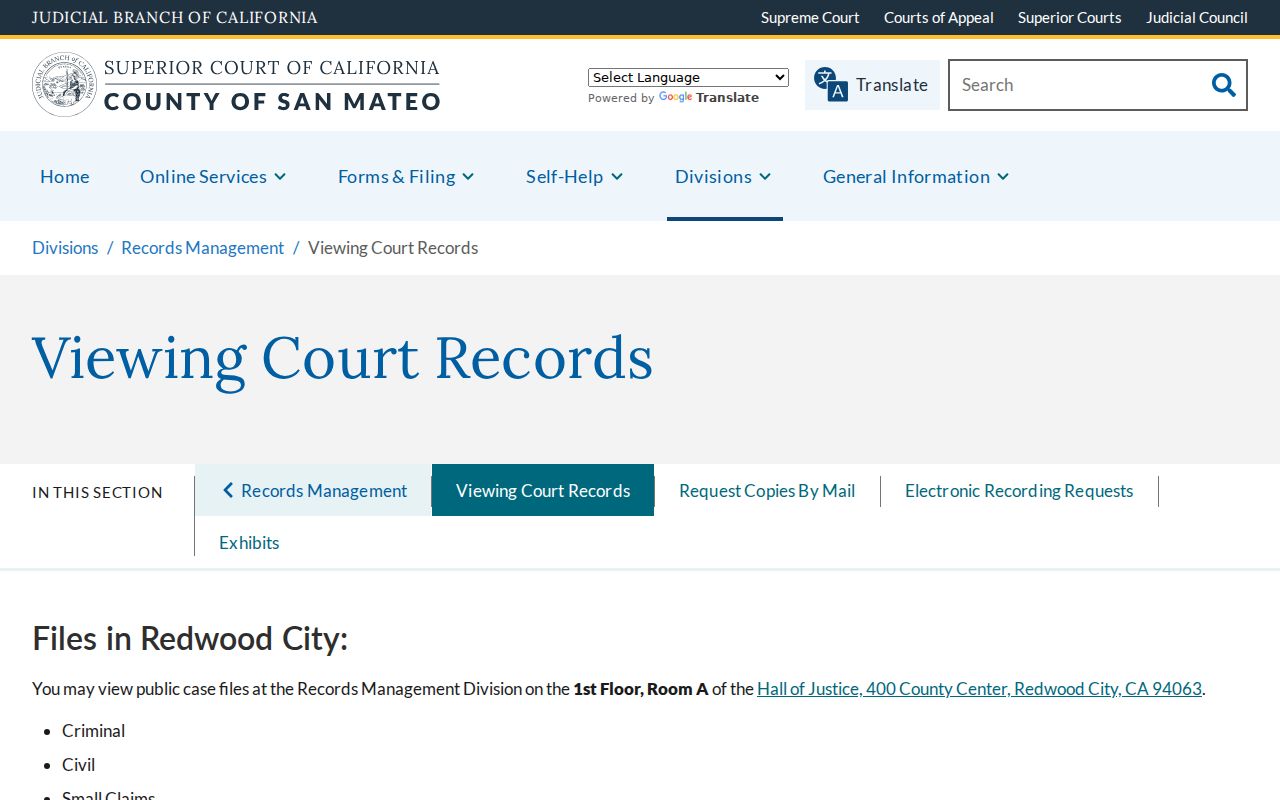San Mateo Superior Court public court record viewing instructions