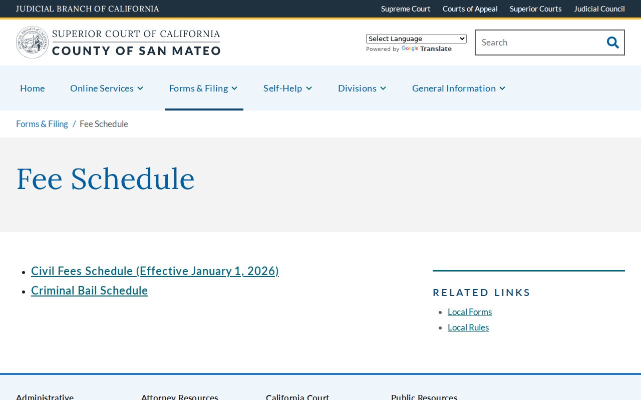 San Mateo Superior Court current fee schedule page