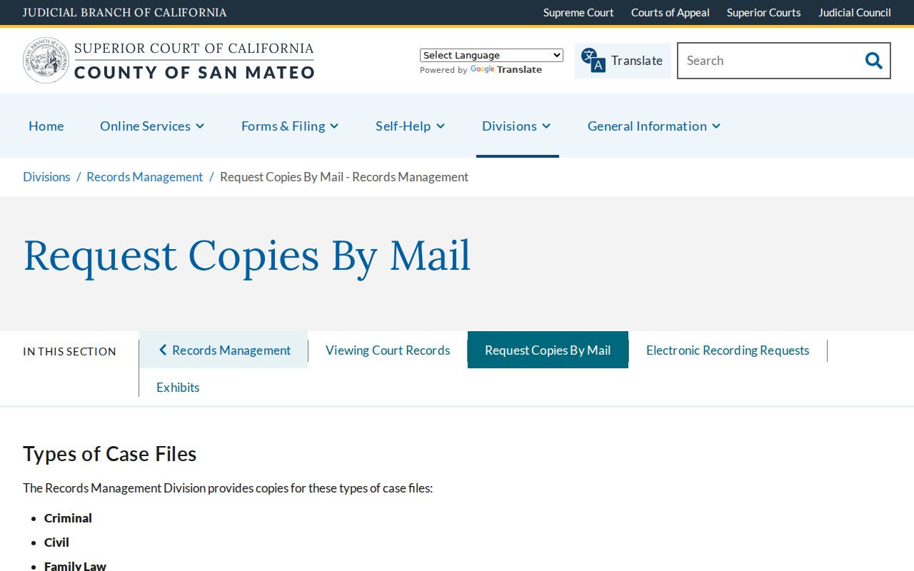 San Mateo Superior Court court-record copy request by mail instructions