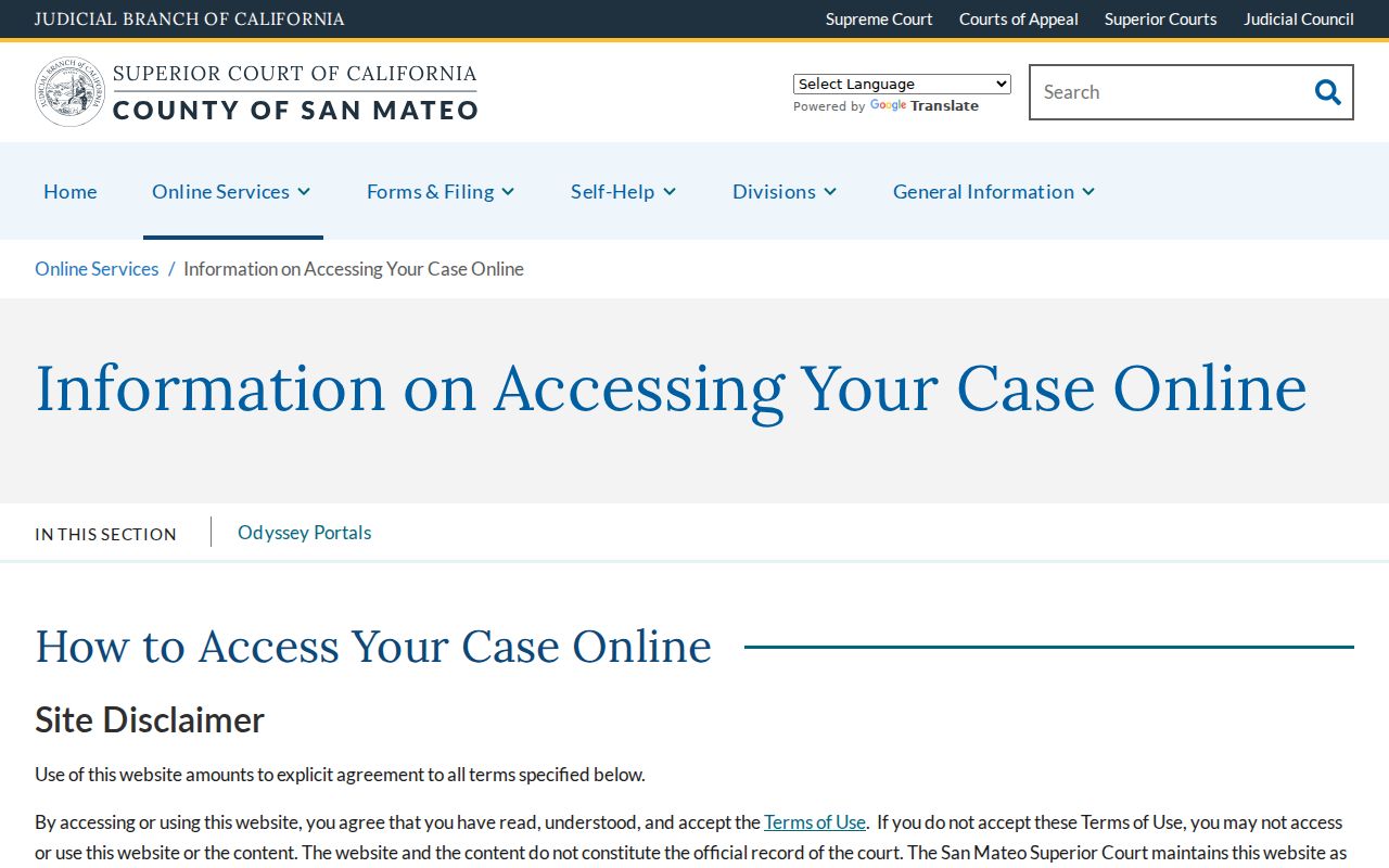 San Mateo Superior Court instructions for accessing a case online