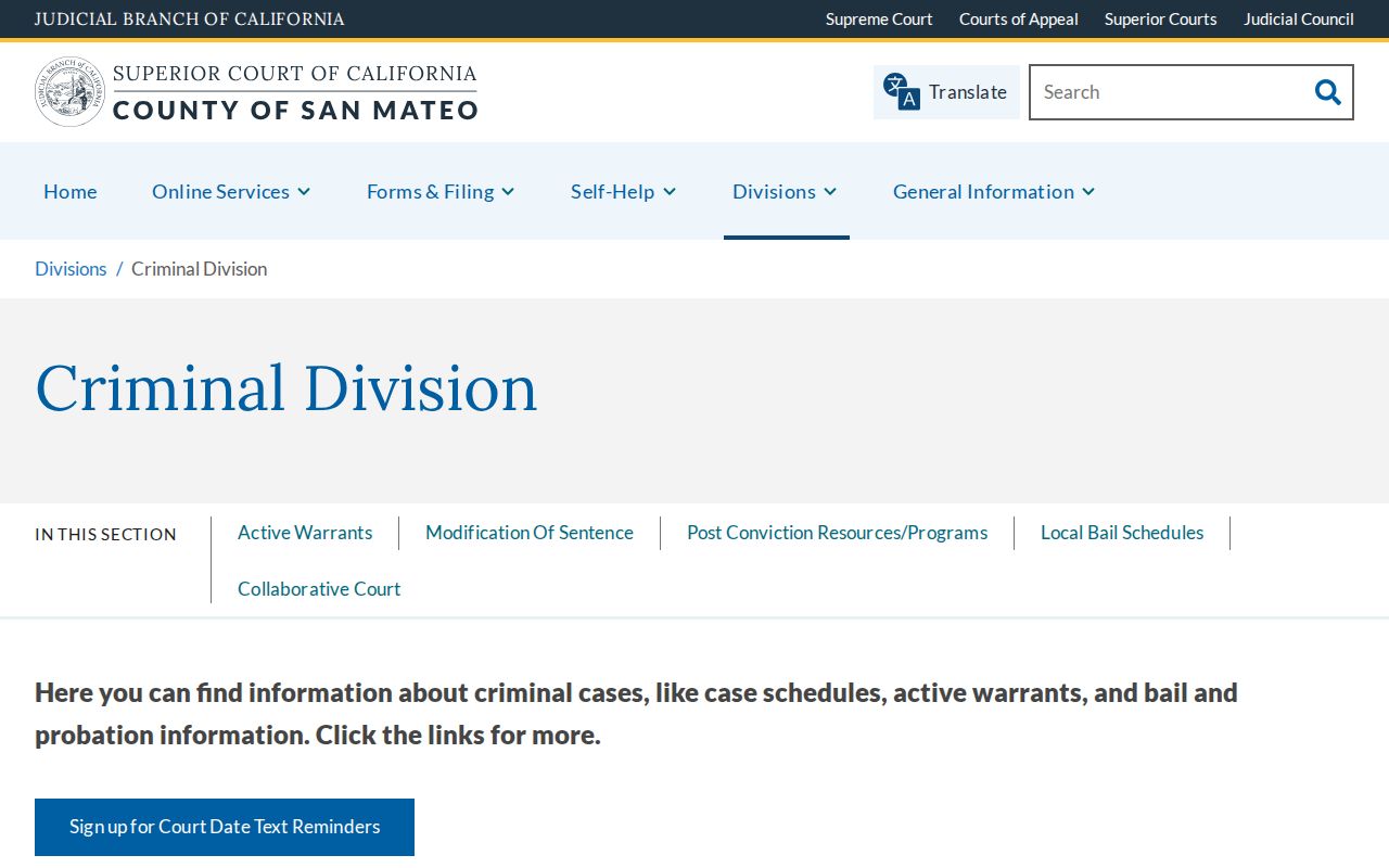 San Mateo County Superior Court Criminal Division page