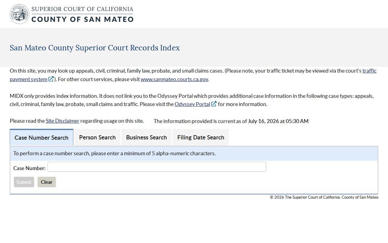 San Mateo County MIDX court records index search