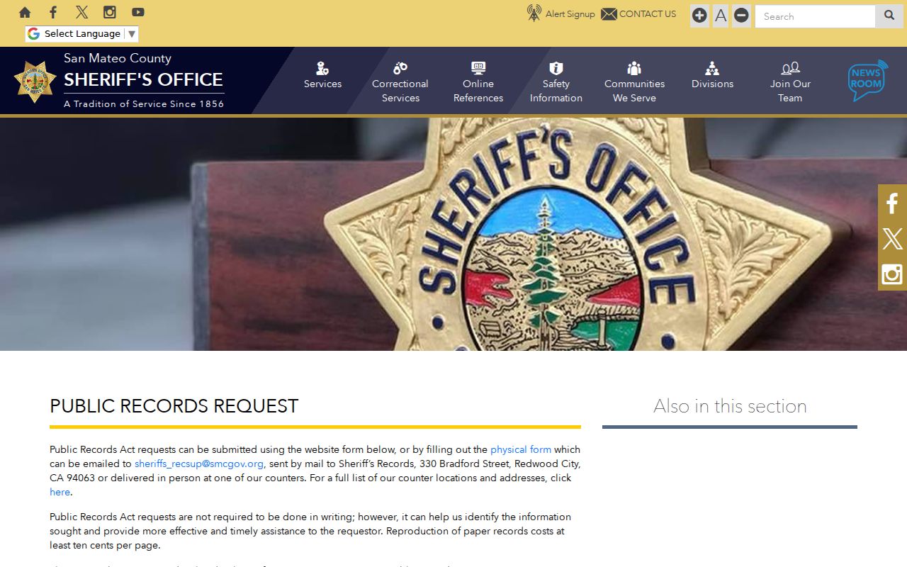 San Mateo County Sheriff public records request page