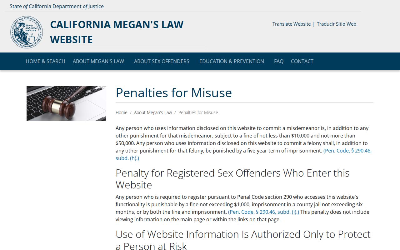 California Megan's Law penalties for misuse information