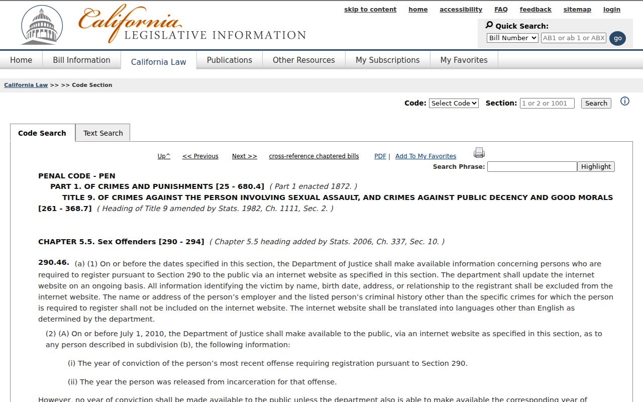 California Penal Code section 290.46 official text